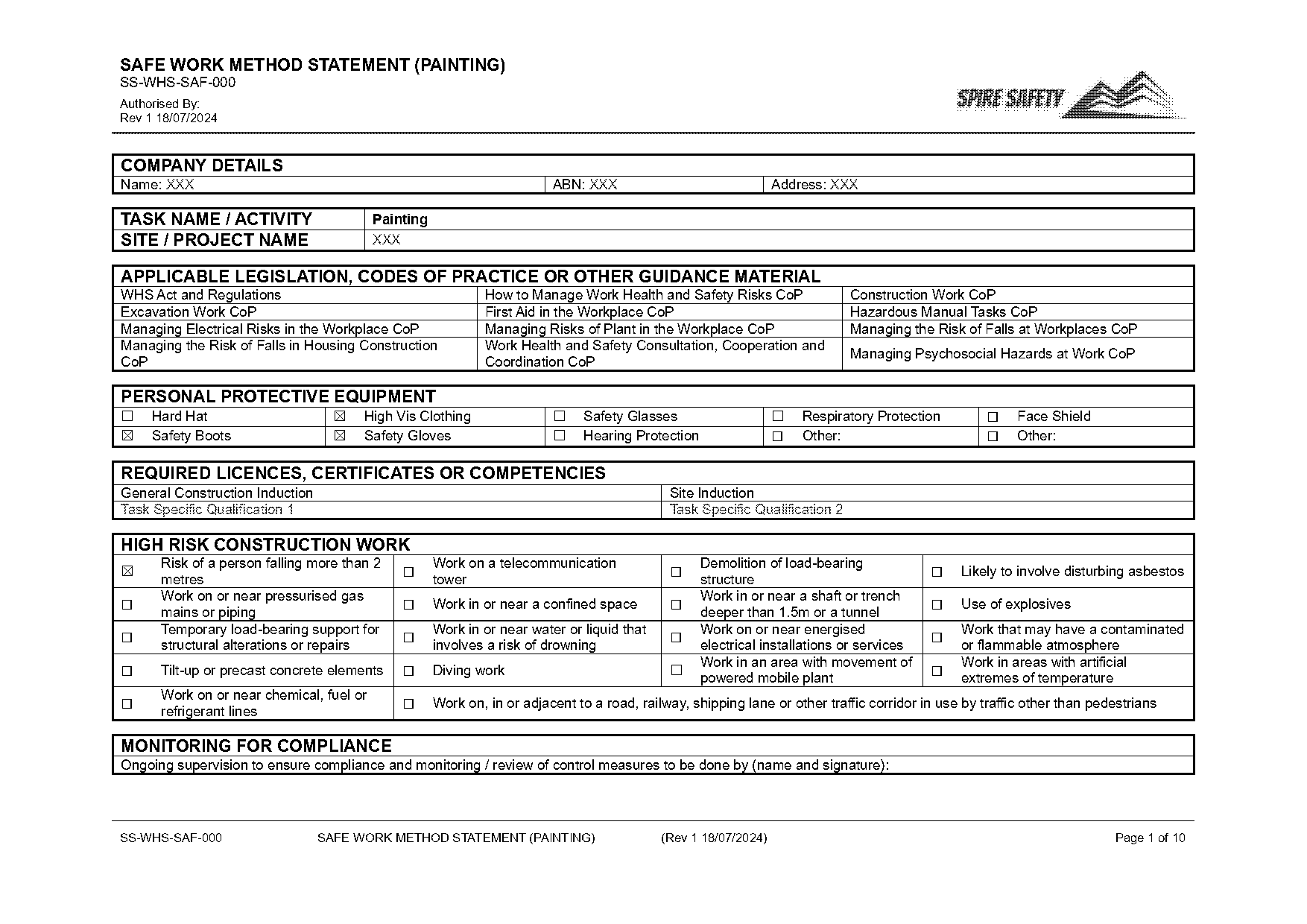 safe work method statement painting