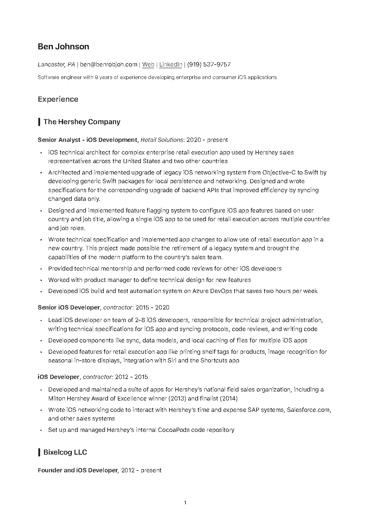 resume for experienced ios developer