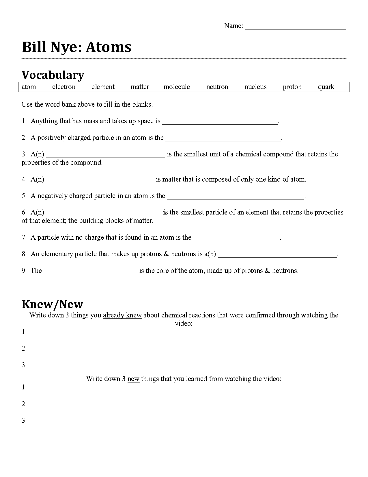 bill nye phases of matter printable worksheet