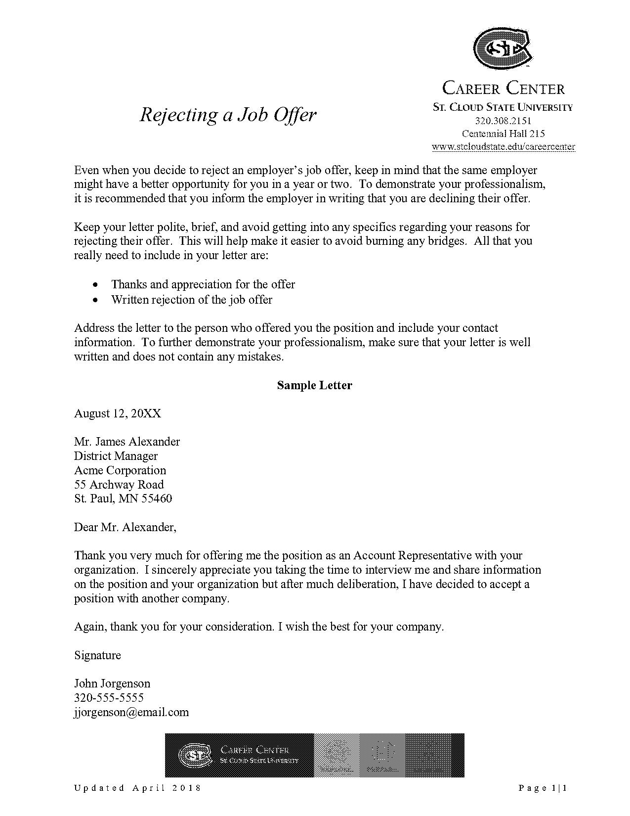 job offer turn down letter sample