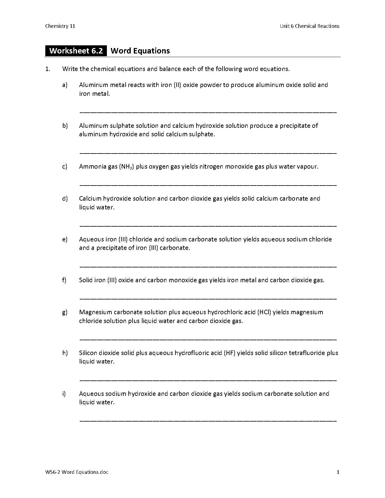 types of chemical reactions word equations worksheet