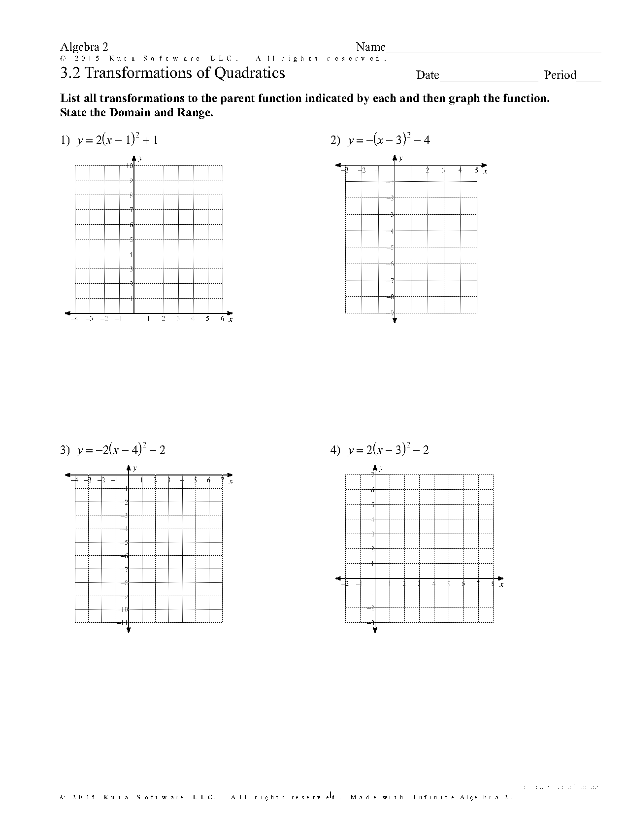 transformation of quadratic functions worksheet answer key pdf