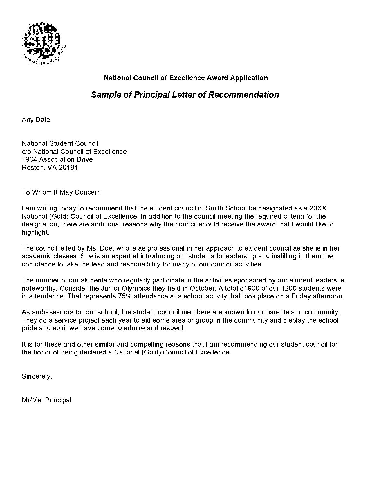 sample letter of recommendation for school principal