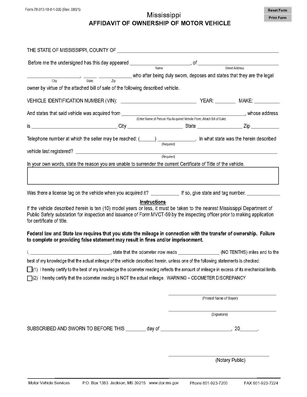 free mississippi auto bill of sale form