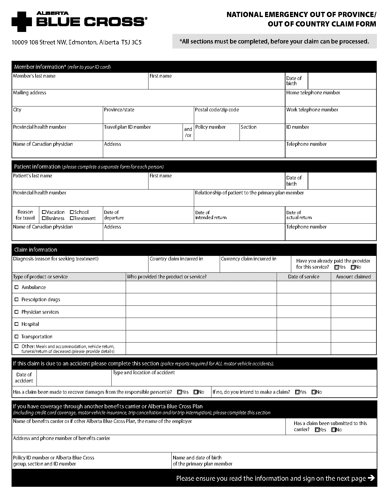 alberta health care out of country claim form