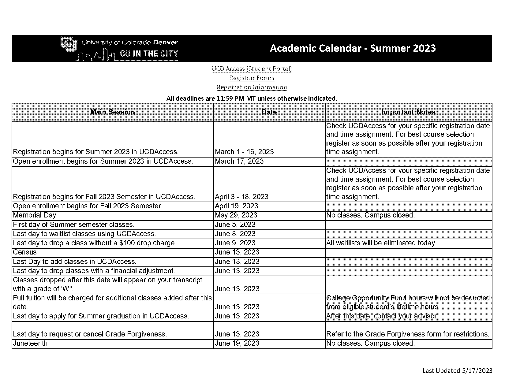 cu denver summer class schedule