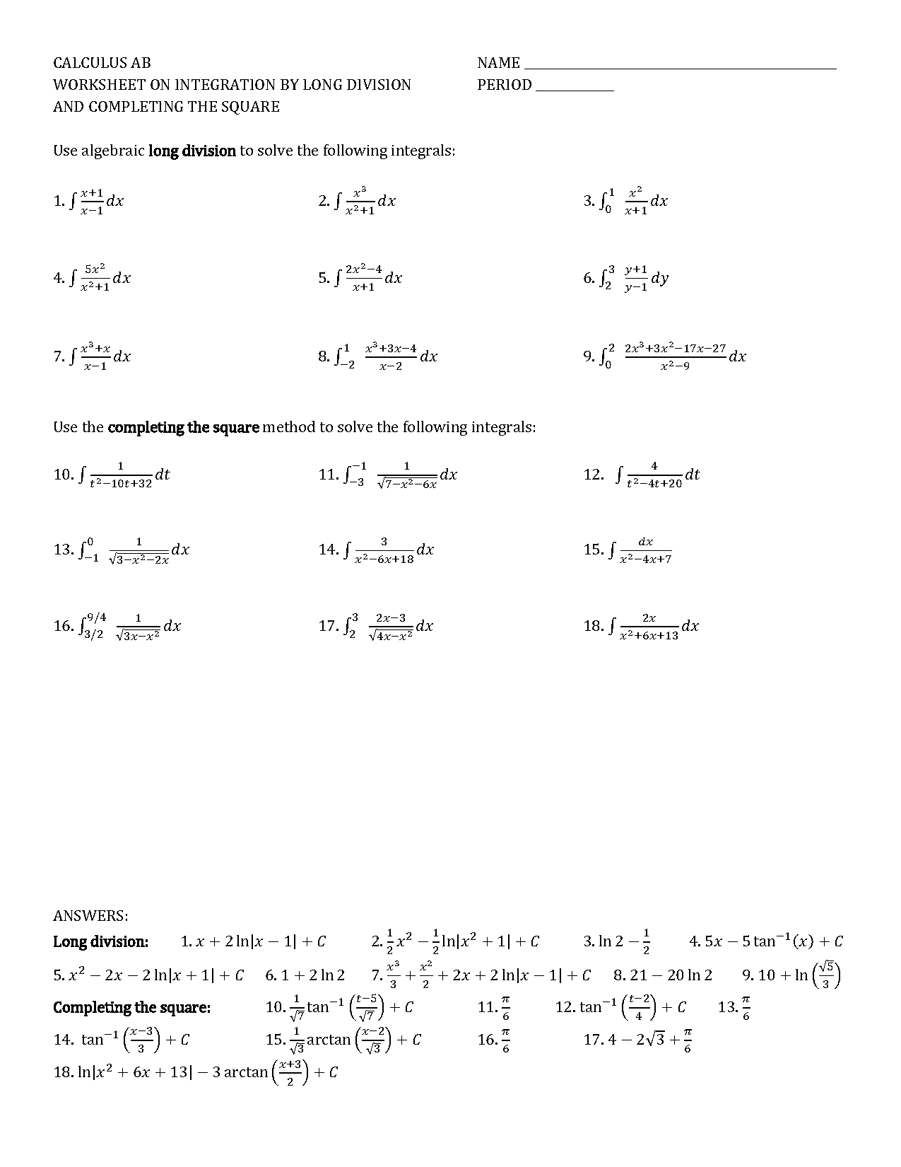 ap calculus ab integration practice worksheet