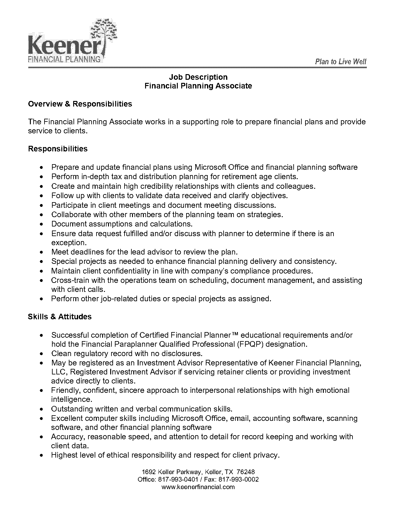 financial planner assistant resume