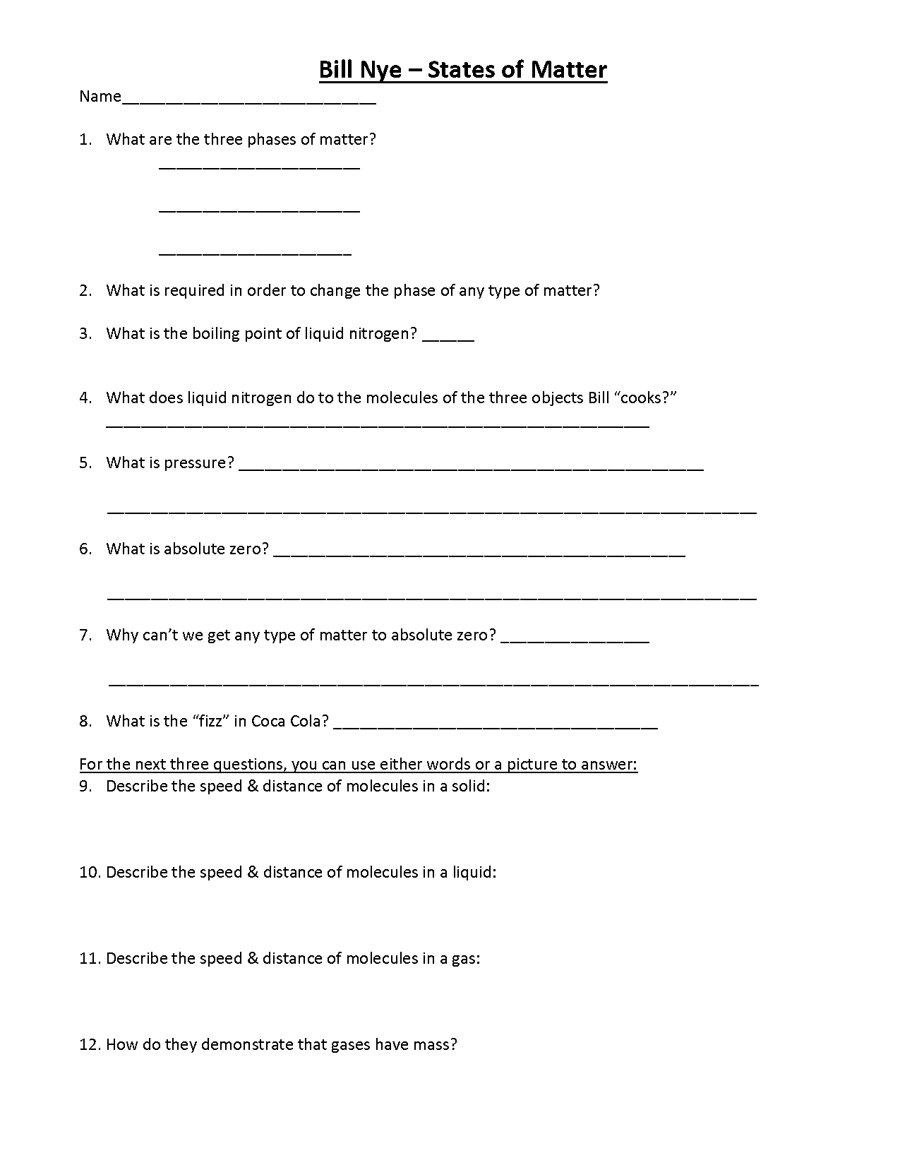 bill nye phases of matter printable worksheet