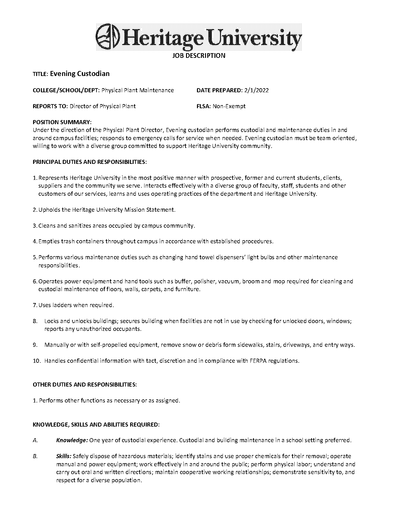 sample resume for custodian