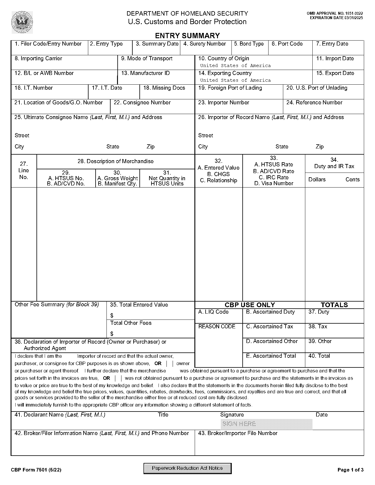 us customs declaration codes