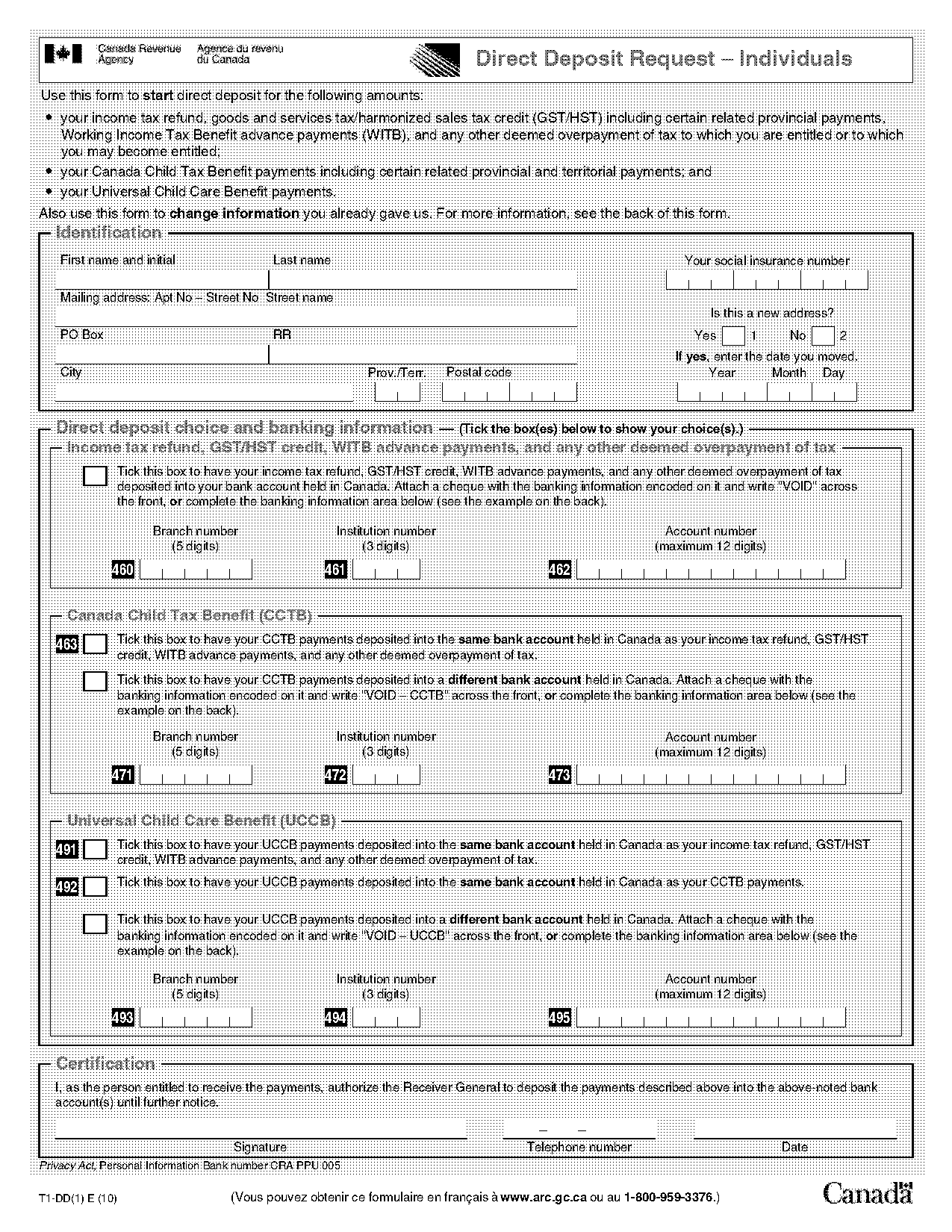 printable direct deposit form cra