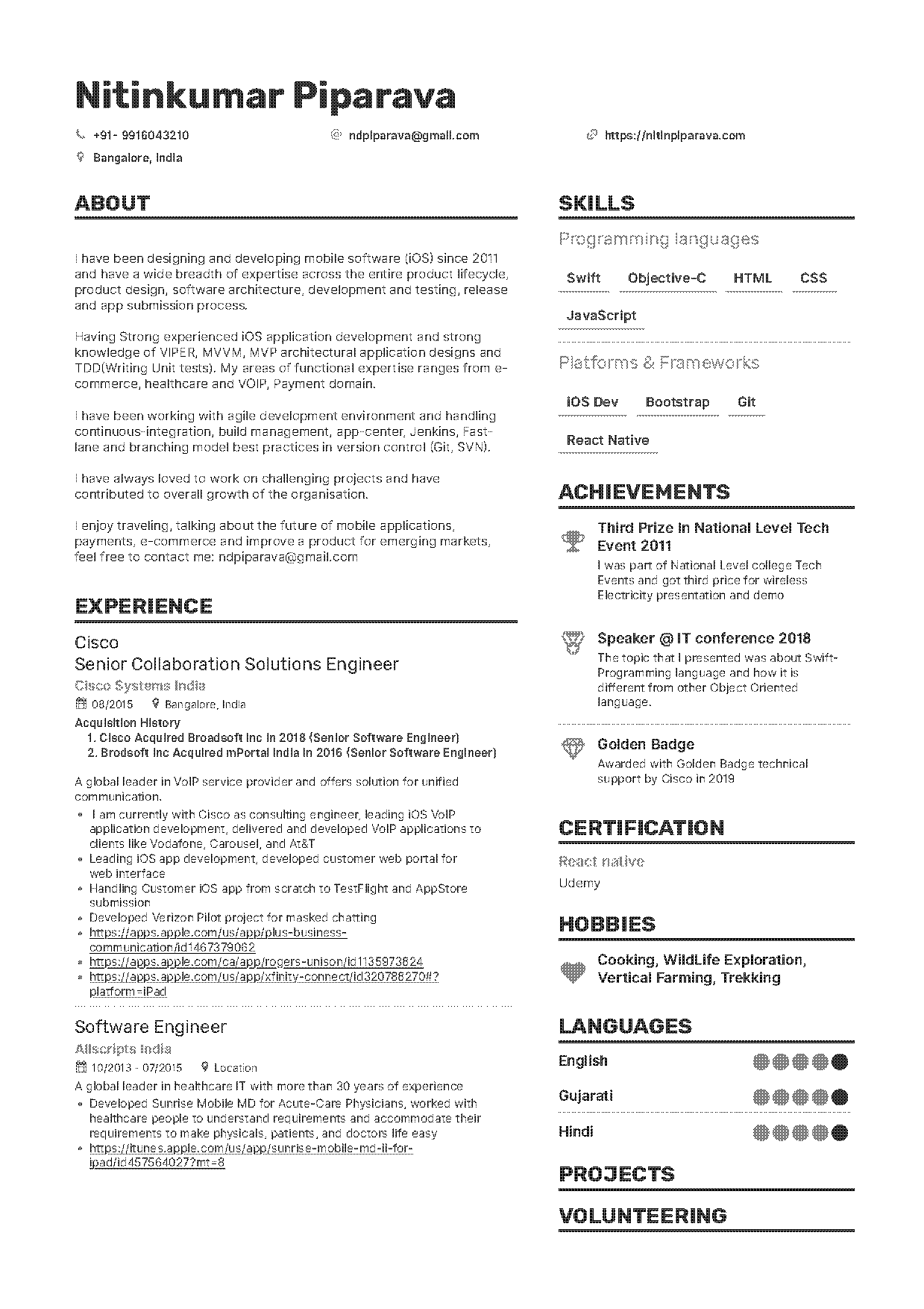 resume for experienced ios developer