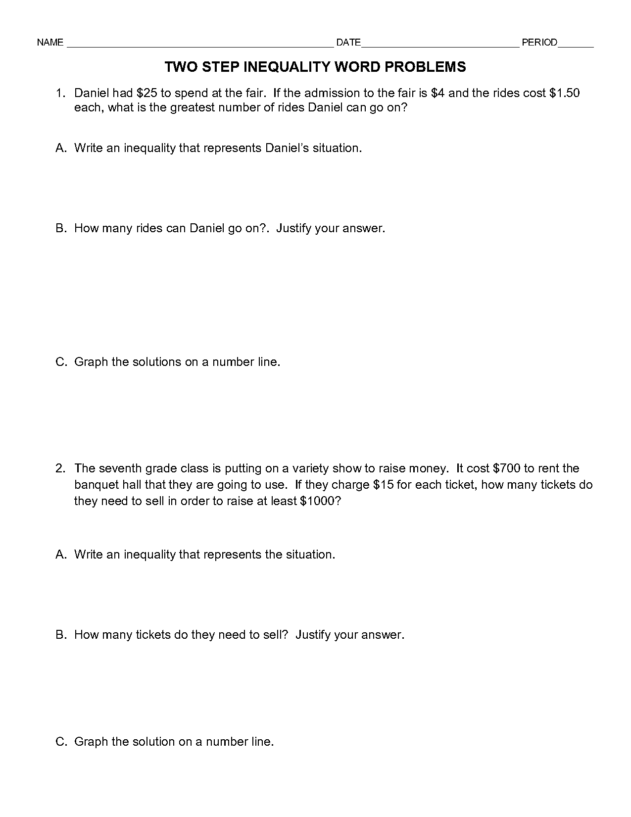 solving word problems with inequalities worksheet