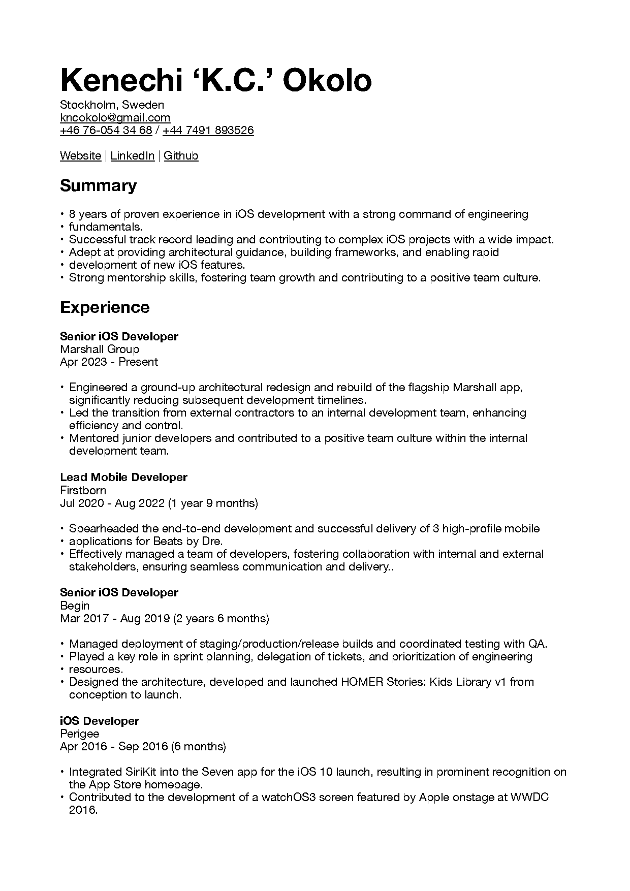 resume for experienced ios developer