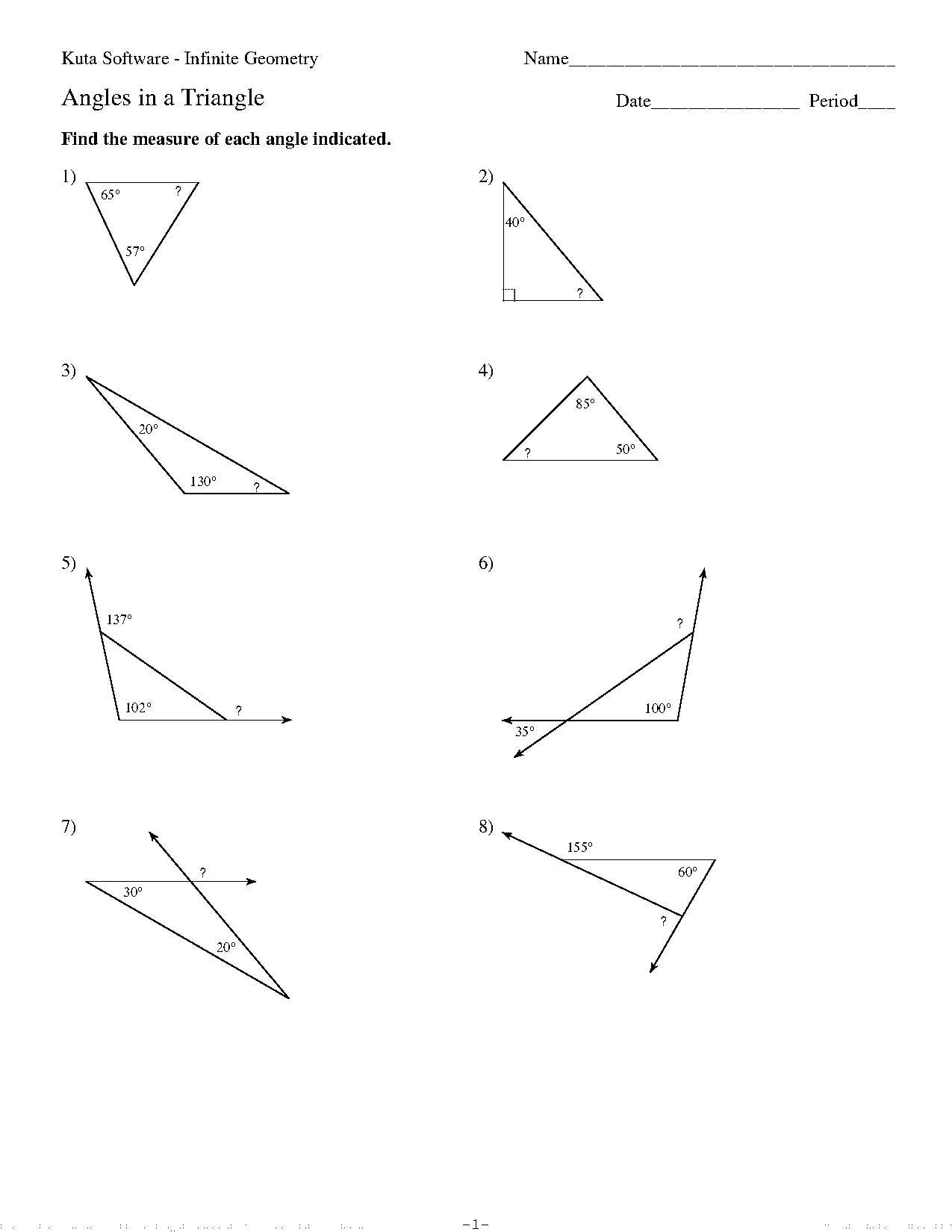 triangle find the missing angle worksheet