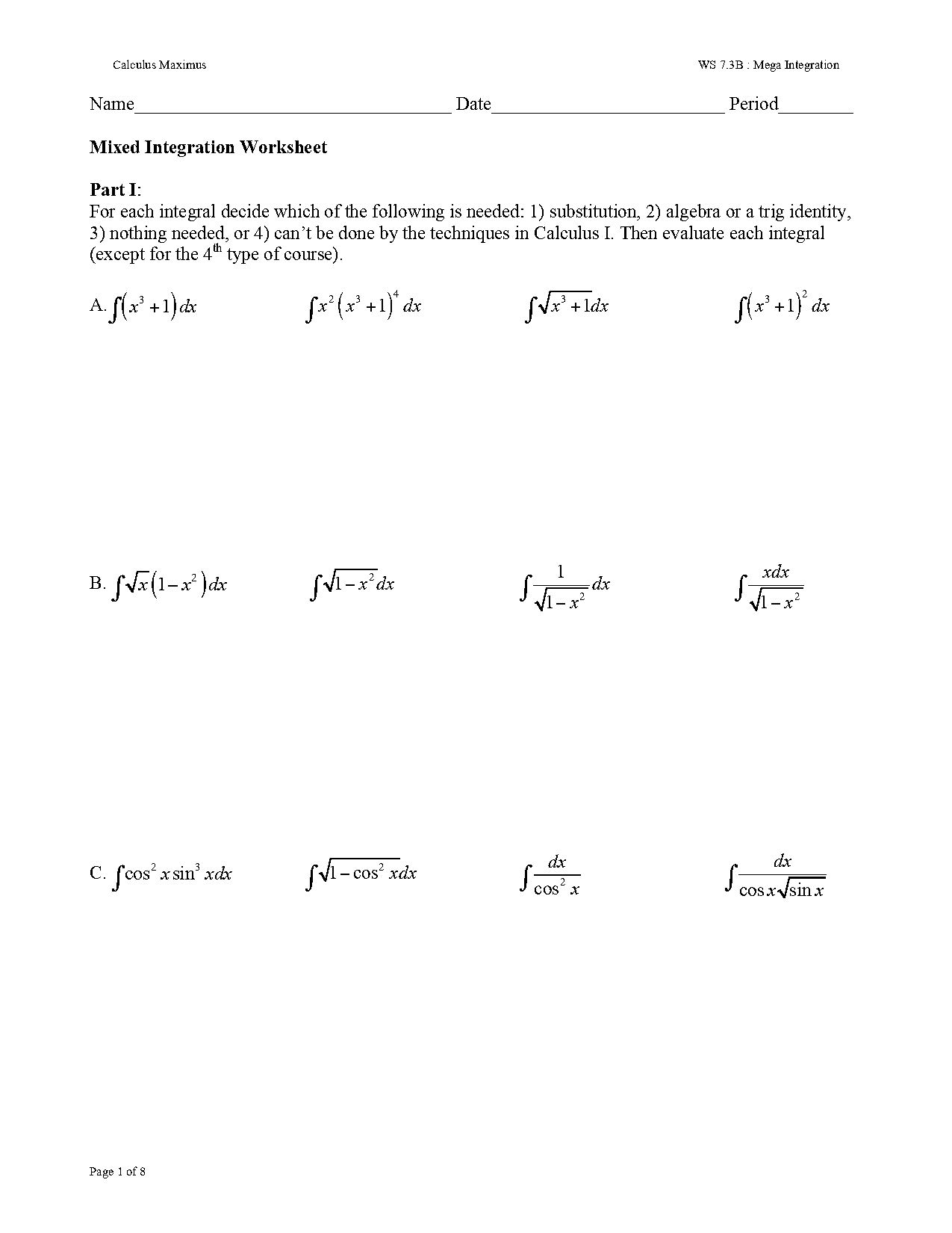 ap calculus ab integration practice worksheet