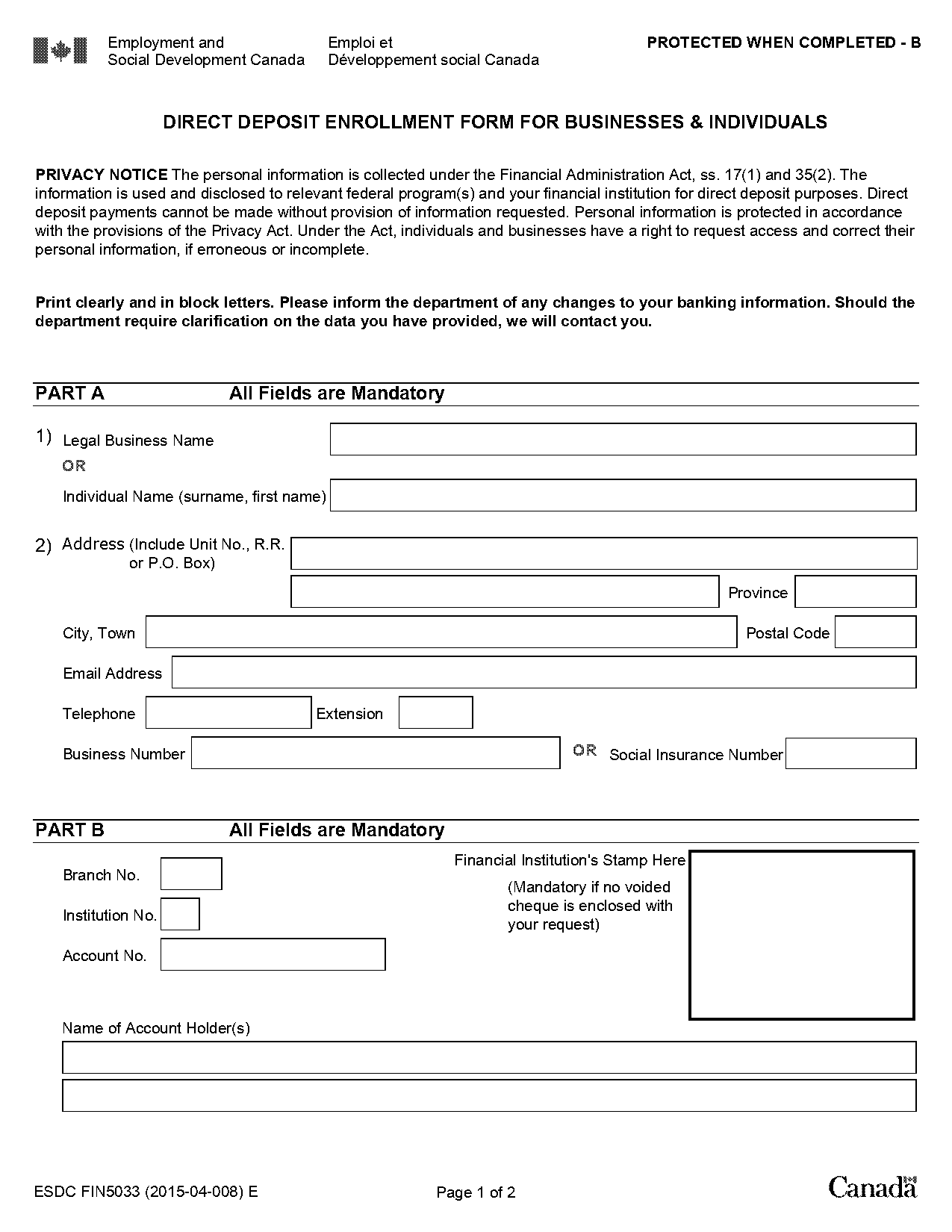 printable direct deposit form cra