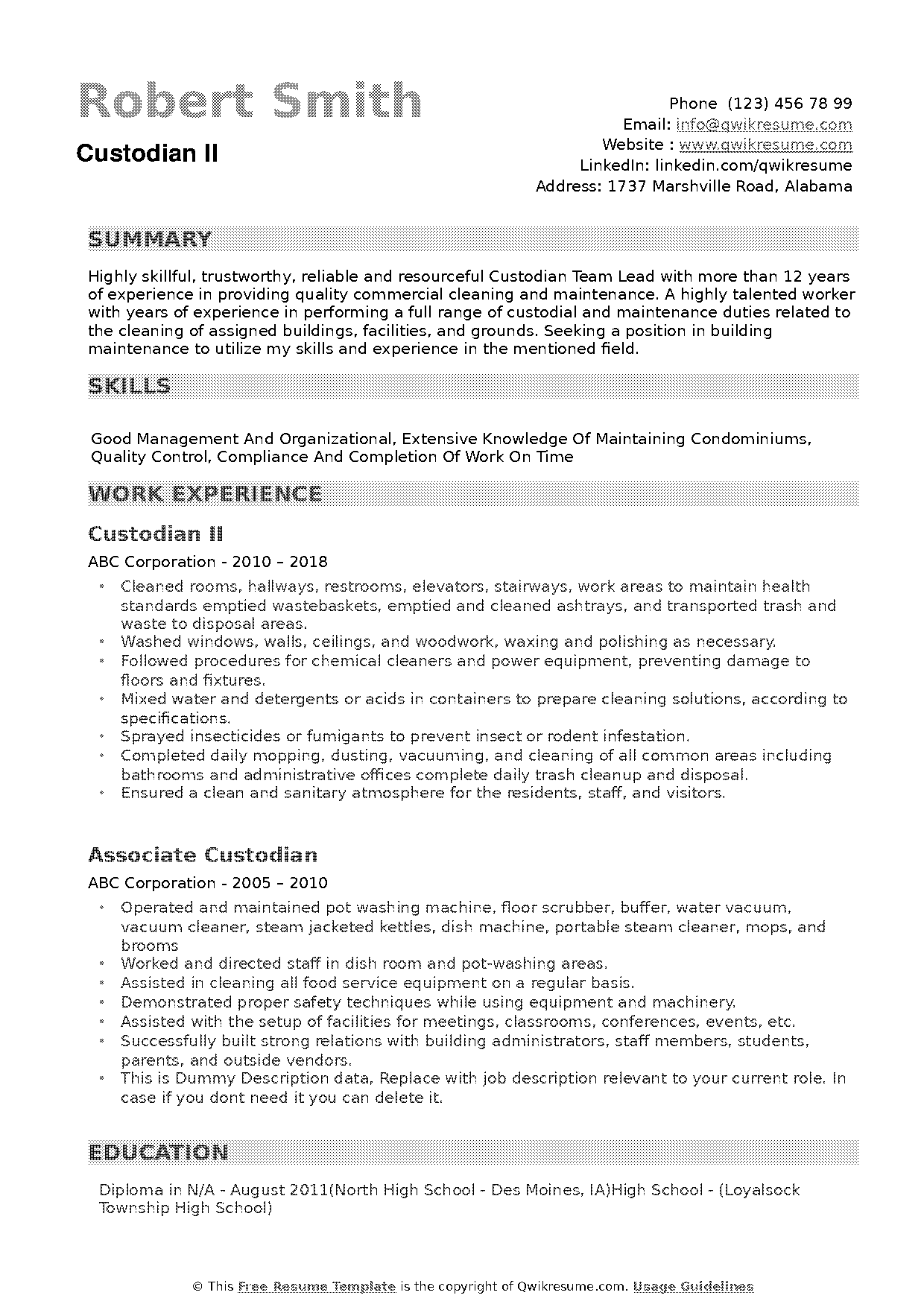 sample resume for custodian