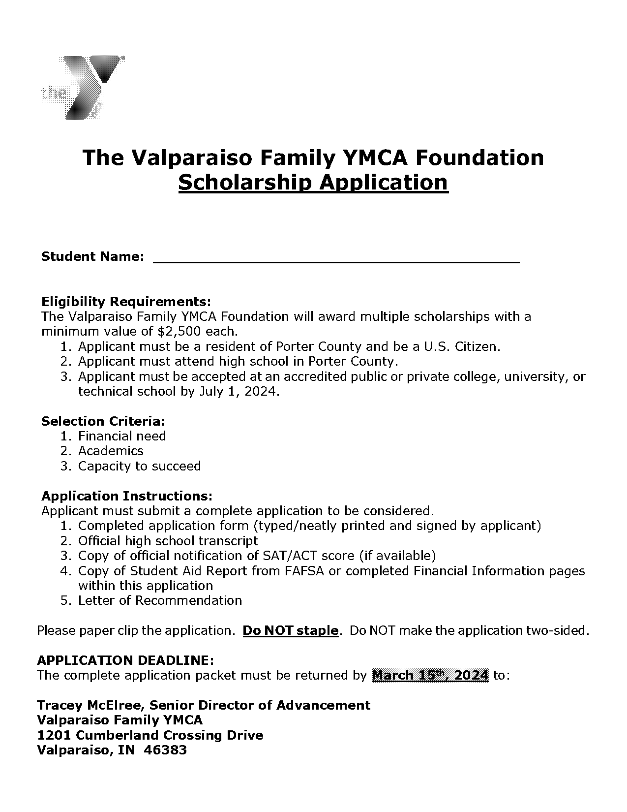 valparaiso university housing application