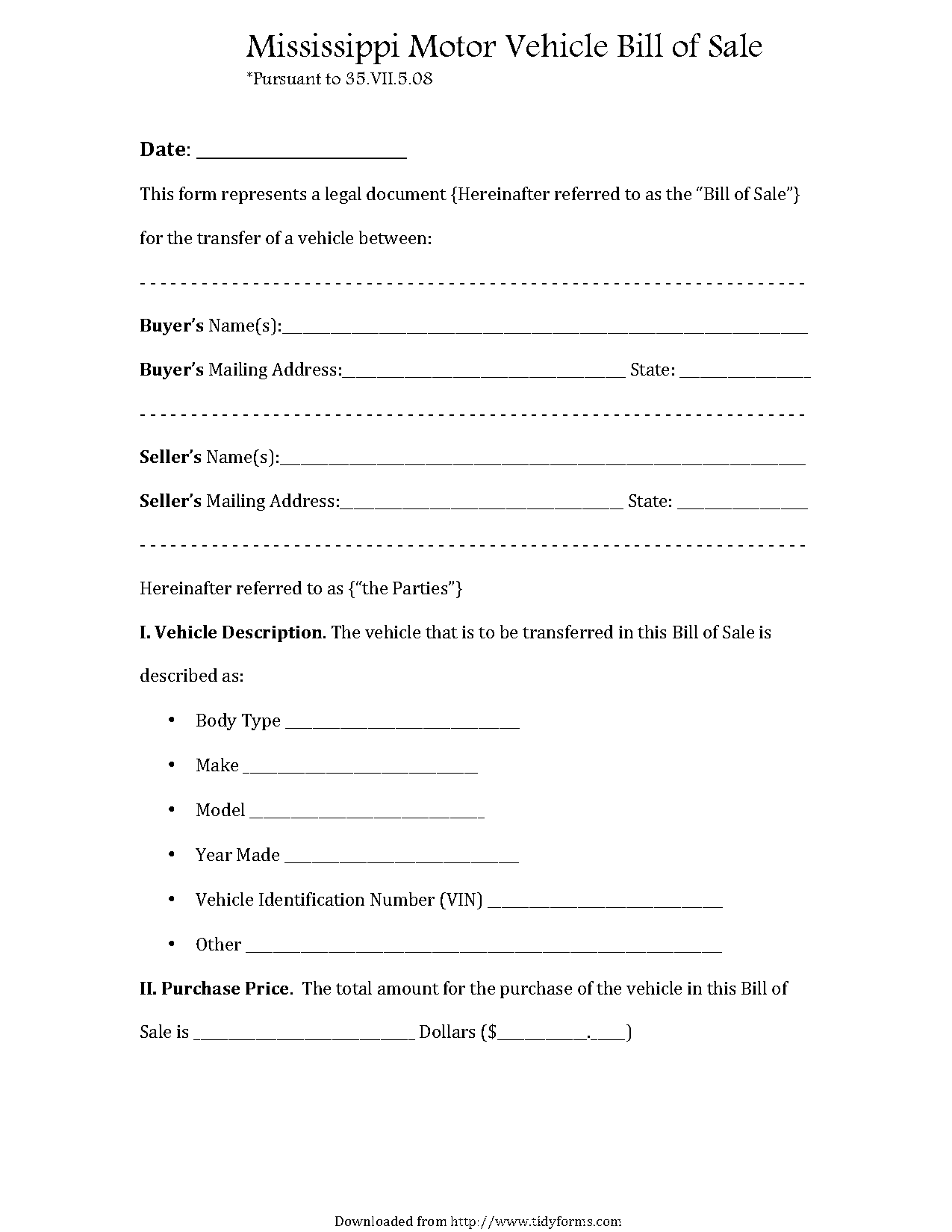 free mississippi auto bill of sale form