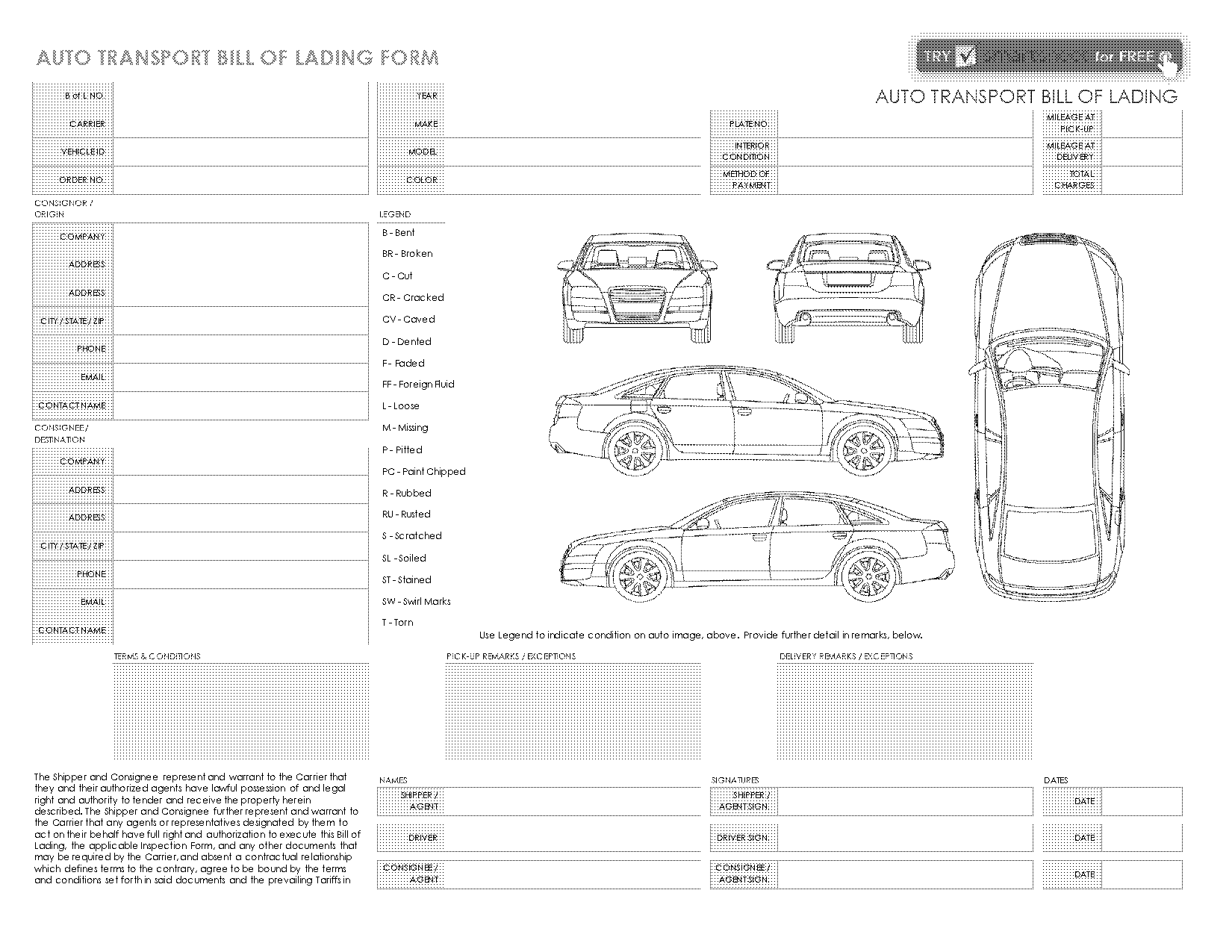 free auto transport bill of lading forms
