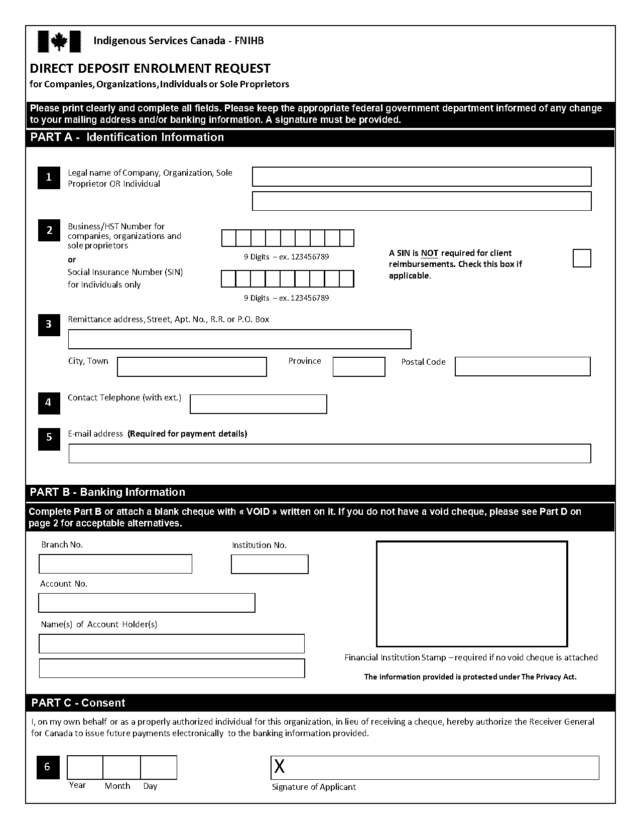 printable direct deposit form cra